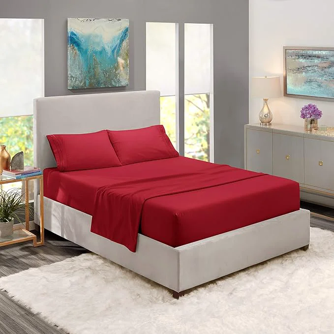 Comfortable Nestl Short Queen Sheet Set - 1800 Ultra-Soft Microfiber - Double Brushed - Deep Pockets - Easy Fit - 4 Piece Set - Bed Sheets Short Queen Burgundy Red Sustainable