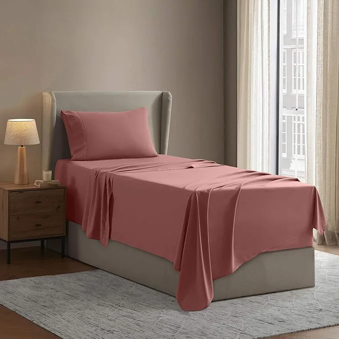 Nestl Twin XL Sheet Set - College Dorm Size - Luxury 1800 Ultra-Soft Microfiber Twin Extra Long Bed Sheets - Deep Pockets - Easy Fit - Extra Soft - 3 Piece Set Twin XL Pink Clay Green