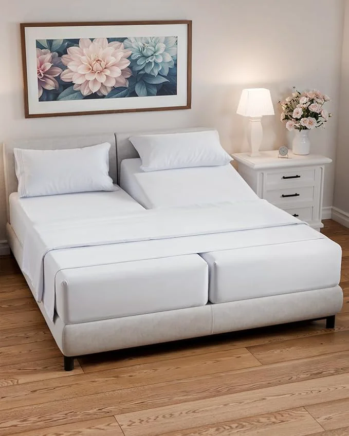 Relaxed Split Queen Sheets - Easy-Fit Wrinkle-Resistant Designed for Split Queen Mattress – Split Queen Sheets Sets Fits 14 quot to 16 quot Deep Pockets – Premium Extra Soft Queen Split Fitted Sheet Set – White Top-Quality