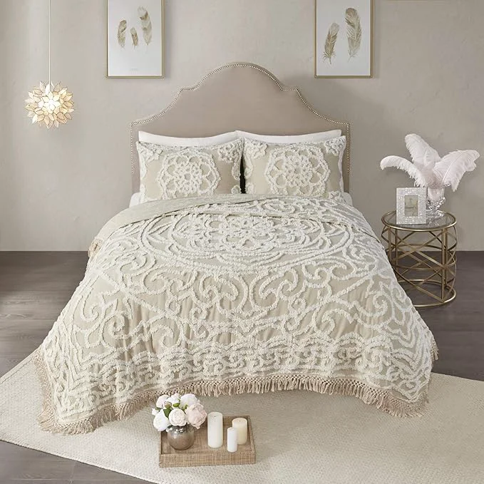 Innovative Madison Park Laetitia Lightweight Cotton Quilt Set Breathable Chenille Tufted Shabby Chic Boho Medallion Design Sham Floral Ivory w Tassels King California King 104 in x 92 in 3 Piece High-Quality