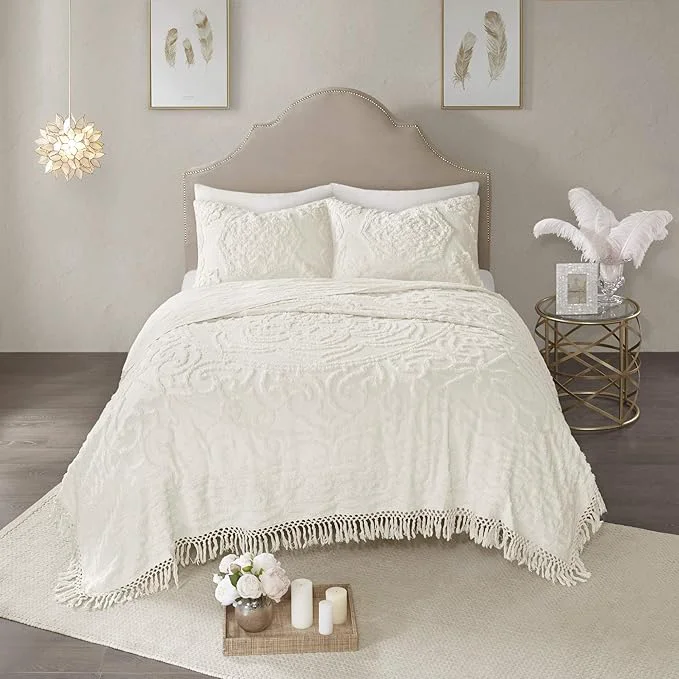 Powerful Madison Park Laetitia Lightweight Cotton Quilt Set Breathable Chenille Tufted Shabby Chic Boho Medallion Design Sham Floral Ivory w Tassels Full Queen 90 in x 90 in 3 Piece Versatile