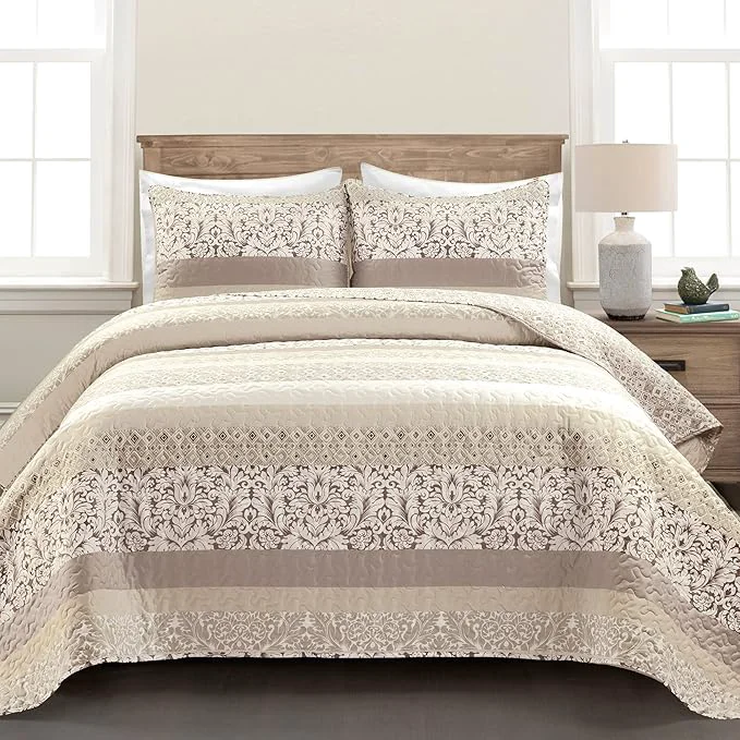 Original Design Lush Decor Boho Stripe Reversible Cotton Quilt 3-Piece Set Full Queen Neutral - Bold Colorful Bohemian Bedding Set First-Class