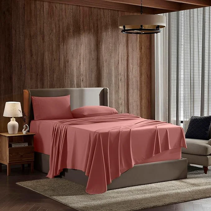 Superior Nestl Short Queen Sheet Set - 1800 Ultra-Soft Microfiber - Double Brushed - Deep Pockets - Easy Fit - 4 Piece Set - Bed Sheets Short Queen Pink Clay Enhanced