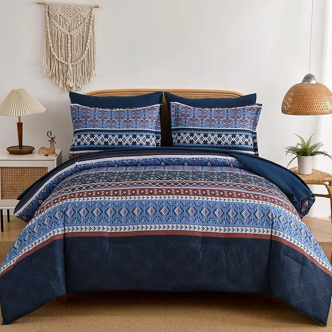 Green Boho Comforter Set Queen Size 7 Pieces Bohemian Comforter Bedding Set Bed in a Bag Navy Blue Paisley Floral Comfortet and Sheet Set Soft Striped Bedding Sets for All Season Smart