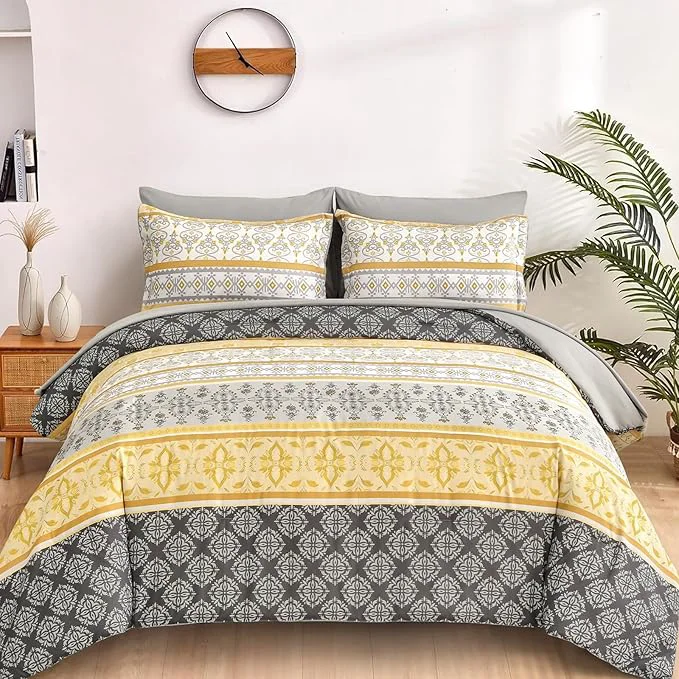 Traditional WONGS BEDDING Boho Comforter Set Queen Size 7 Pieces Bed in a Bag Bohemian Striped Bedding Set Yellow Paisley Floral Comfortet and Sheet Set Soft Microfiber Bedding Sets for All Season Crafted