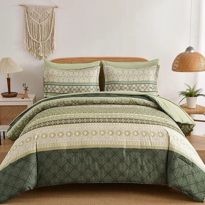 Safe Boho Comforter Set Queen Size 7 Pieces Sage Green Bedding Set Bed in a Bag Paisley Floral Comfortet and Sheet Set Soft Striped Bohemian Comforter with Sheet for All Season Relaxed