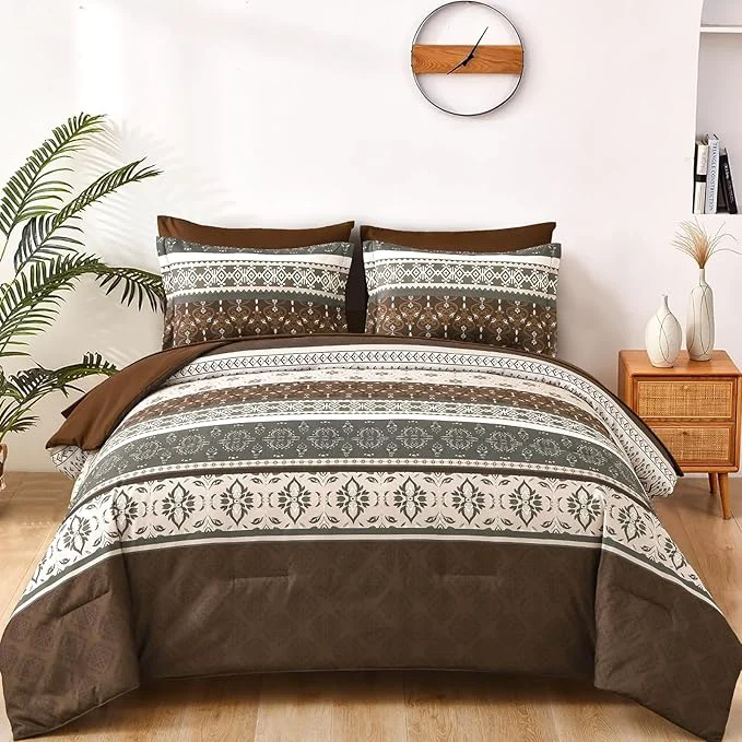 Trendy WONGS BEDDING Boho Comforter Set King 7 Pieces Brown Comforter and Sheet Set Bohemian Striped Floral Pattern Comforter Bedding Set Soft Microfiber Bed in a Bag for All Season Prestigious
