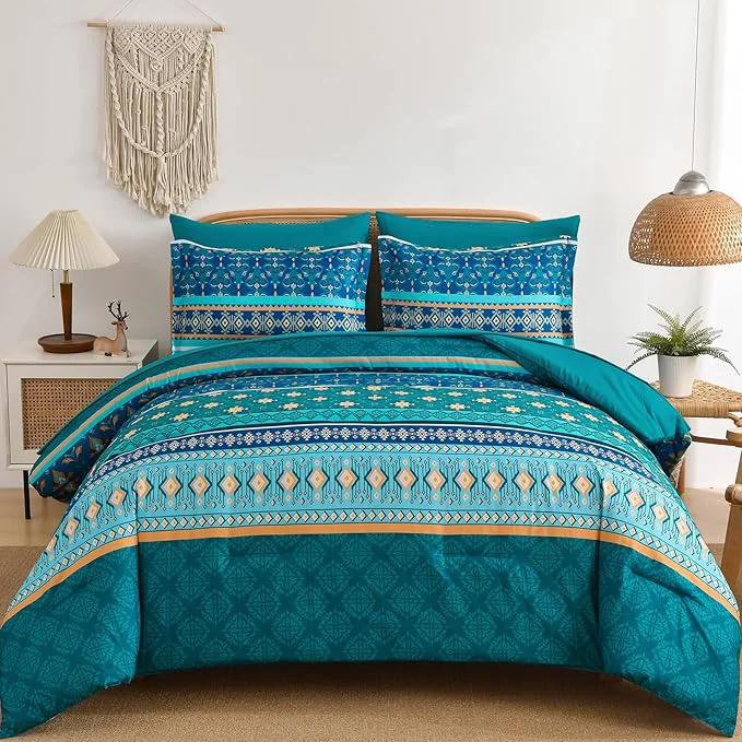 Professional Boho Comforter Set Queen Size 7 Pieces Comforter Bedding Set Bed in a Bag Bohemian Turquoise Blue Paisley Floral Comfortet and Sheet Set Soft Striped Bedding Sets for All Season Refined