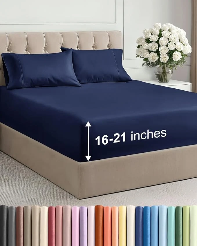 Carefully Designed Extra Deep Pocket Queen Size Sheet Set - 4 Piece Breathable amp Cooling Bed Sheets - Hotel Luxury Bedding with 16 to 21 inch Extra Deep Pockets - Soft Fade and Wrinkle Resistant - Oeko-Tex - Navy Blue High-Quality