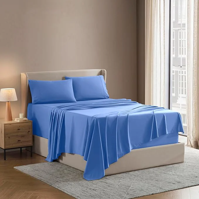 Smooth Nestl Queen Sheet Set - Luxury 1800 Ultra-Soft Microfiber Bed Sheets - Double Brushed - Deep Pockets - Easy Fit - 4 Piece Set - Bedding Sheets amp Pillowcases Queen Calm Blue Solid