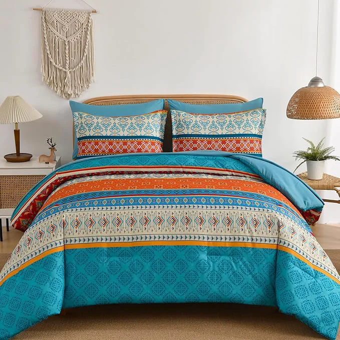 Refined Comforter Set King Size Boho 7 Pieces Bohemian Bedding Comforter Set Striped Bed in a Bag Teal Paisley Floral Comfortet and Sheet Set Soft Microfiber Bedding Sets for All Season Classic
