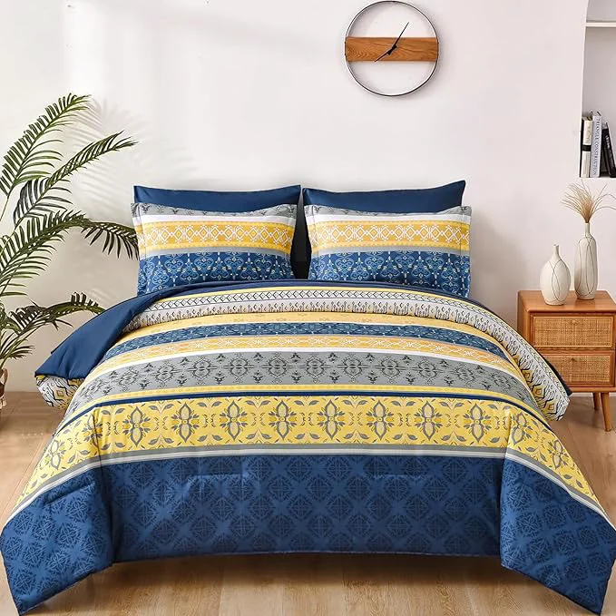 Pure WONGS BEDDING Boho Comforters Set Queen 7 Pieces Navy Blue and Yellow Comforter Sets Bohemian Bed in a Bag Striped Comforter Set Soft Microfiber Paisley Floral Comforter and Sheet Set for All Season First-Class