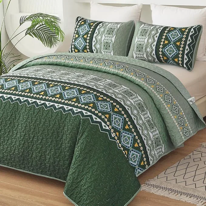 Secure WONGS BEDDING Green Quilt Set Queen Size 3 Pieces Boho Bedspread Coverlet Set Soft Bohemian Bedding Set King for All Season 104 quot ×90 quot Proven