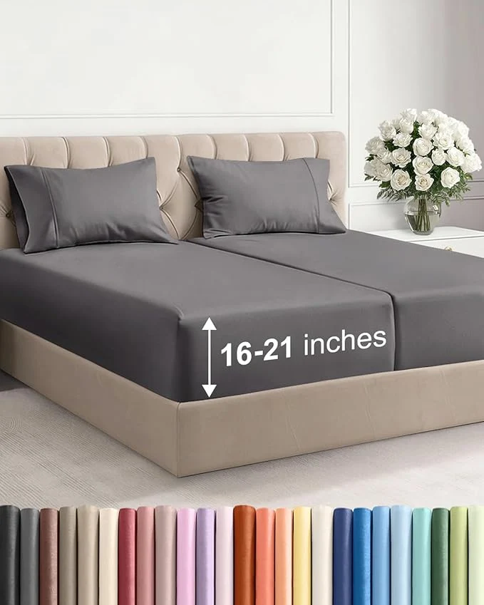 Exceptional Extra Deep Pocket Split King Size Sheet Set - 5 Piece Breathable amp Cooling Bed Sheets - Hotel Luxury Bedding w 16 to 21 inch Extra Deep Pockets - Soft Fade amp Wrinkle Resistant - Oeko-Tex - Dark Grey Advanced