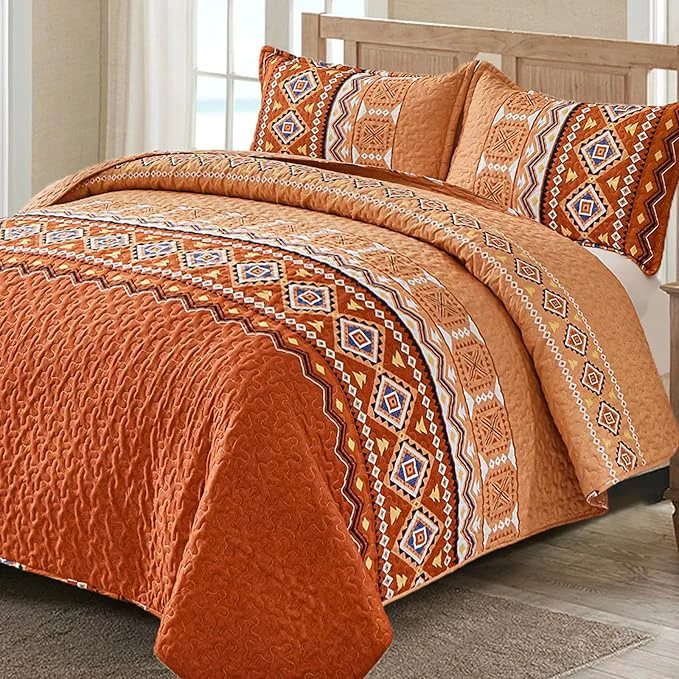 Efficient WONGS BEDDING Burnt Orange Boho Quilt Set Full 3 Pieces Thanksgiving Quilt Bedspread Lightweight Fall Bohemian Coverlet Set Soft Thanksgiving Bedding Set for All Season 78 quot ×90 quot Dependable