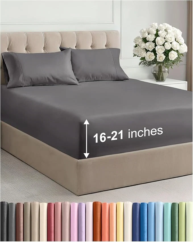 Genuine Extra Deep Pocket Full Size Sheet Set - 4 Piece Breathable amp Cooling Bed Sheets - Hotel Luxury Bedding with 16 to 21 inch Extra Deep Pockets - Soft Fade and Wrinkle Resistant - Oeko-Tex - Dark Grey Selected