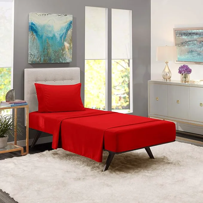 Sustainable Nestl Twin XL Sheet Set - College Dorm Size - Luxury 1800 Ultra-Soft Microfiber Twin Extra Long Bed Sheets - Deep Pockets - Easy Fit - Extra Soft - 3 Piece Set Twin XL Red Traditional