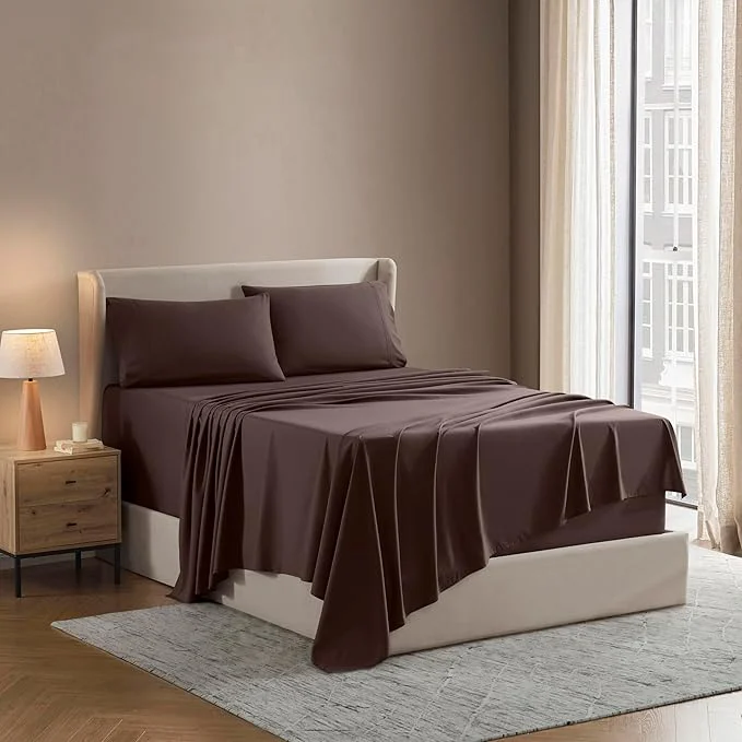 Functional Nestl Short Queen Sheet Set - 1800 Ultra-Soft Microfiber - Double Brushed - Deep Pockets - Easy Fit - 4 Piece Set - Bed Sheets Short Queen Chocolate Brown Breathable