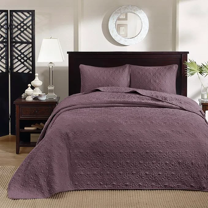Fast Madison Park Quebec Reversible Damask Design Double Sided Quilting All Season Lightweight Coverlet Bedspread Bedding Set Matching Shams Queen 102 quot x118 quot Purple Powerful