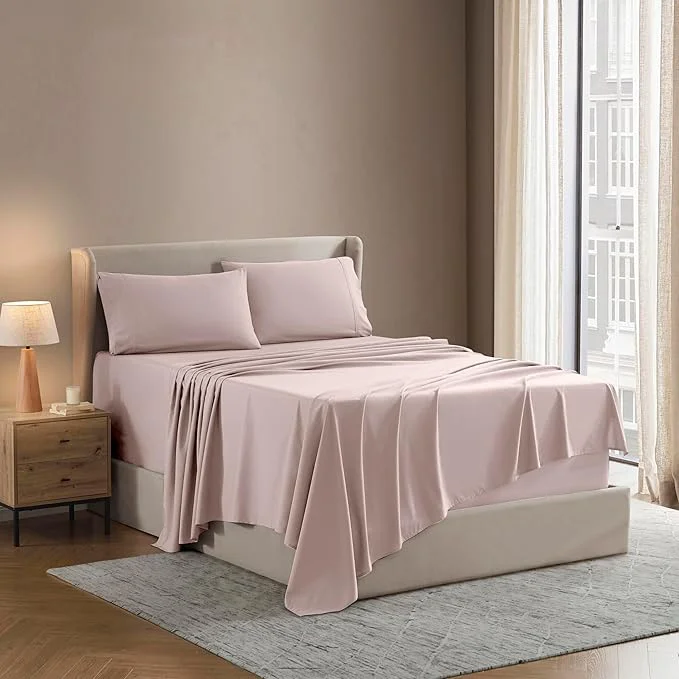 Optimized Nestl Short Queen Sheet Set - 1800 Ultra-Soft Microfiber - Double Brushed - Deep Pockets - Easy Fit - 4 Piece Set - Bed Sheets Short Queen Peach Beige Minimalist