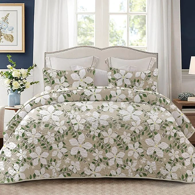 Breathable Whale Flotilla Reversible Printed Quilt King Size Extra Soft Boho Floral Leaf Bedspreads for Bed Lightweight King Quilt Bedding Set Coverlets with 2 Pillow Shams for All Seasons White Bone Smooth