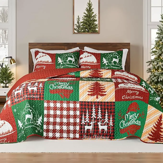 Excellent Whale Flotilla Patchwork Quilt King Size Soft Boho Christmas Bedspreads for Bed Reversible Lightweight King Quilt Bedding Set Coverlets with 2 Pillow Shams for All Seasons Happy Christmas User-Friendly