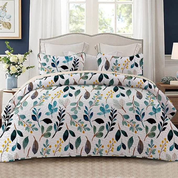 Minimalist Whale Flotilla Reversible Printed Quilts Queen Size Extra Soft Boho Floral Leaf Bedspreads for Bed Lightweight Full Queen Quilt Bedding Set Coverlets with 2 Pillow Shams for All Seasons White Green Functional