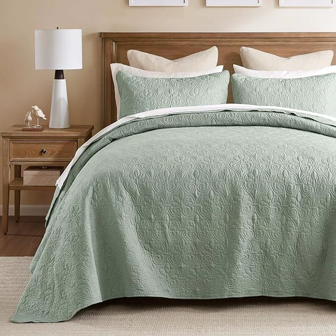 Optimized Madison Park Quebec Reversible Quilt Set Damask Design Double Sided Stitching All Season Lightweight Bedspread Bedding Set Matching Sham Seafoam Twin 81 quot x110 quot 2 Piece Fashionable
