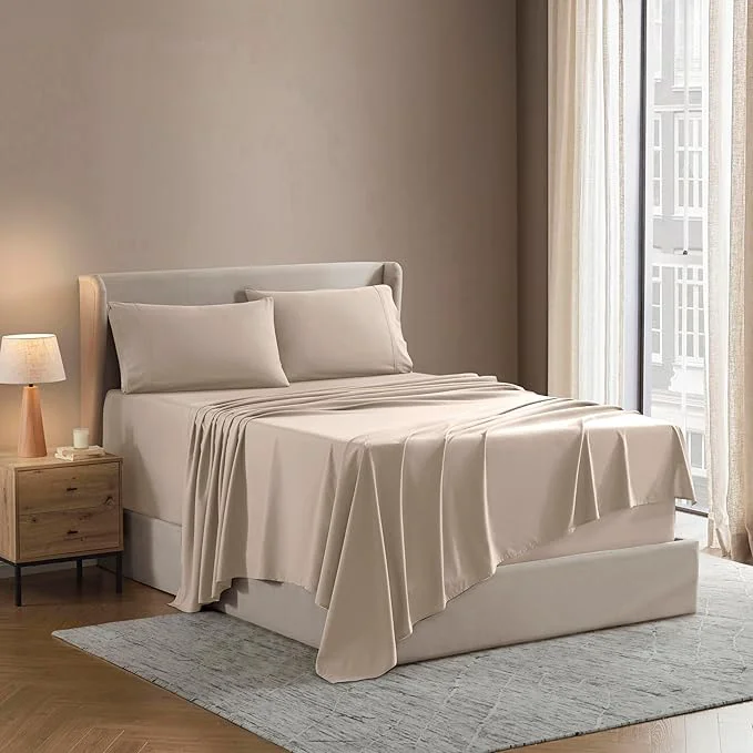 Solid Nestl Short Queen Sheet Set - 1800 Ultra-Soft Microfiber - Double Brushed - Deep Pockets - Easy Fit - 4 Piece Set - Bed Sheets Short Queen Beige Cream High-End