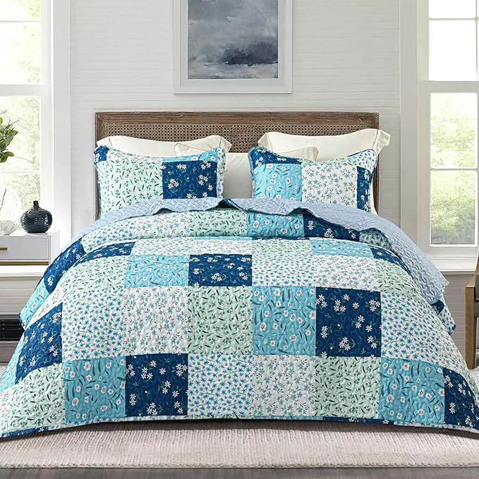 Solid Whale Flotilla Patchwork Quilt Twin Size Extra Soft Boho Floral Bedspreads for Bed Reversible Lightweight Twin Quilt Bedding Set Printed Coverlets with 1 Pillow Sham for All Seasons Blue Specialty
