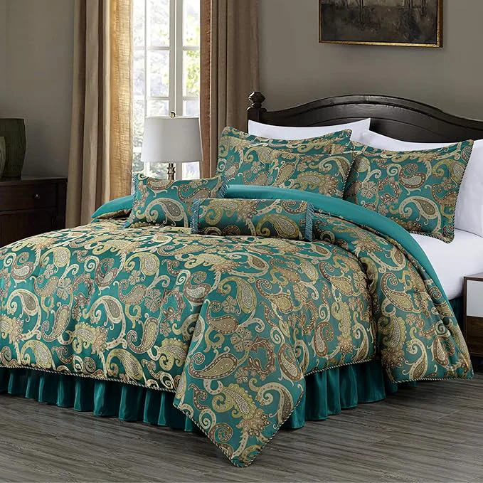 Specialty Chezmoi Collection Adelle 7-Piece Paisley Jacquard Embroidered Comforter Bedding Set California King Teal Reusable