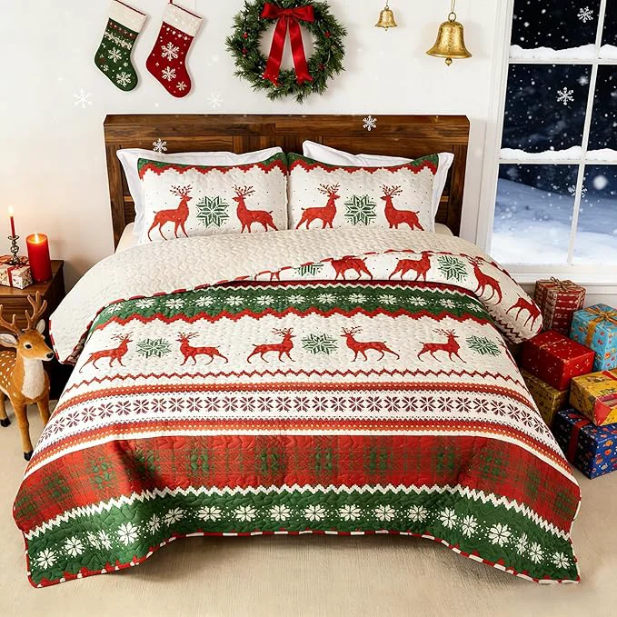 Optimized Whale Flotilla Christmas Quilt Twin Size Soft Boho Floral Bedspreads for Bed Reversible Lightweight Twin Quilt Bedding Set Coverlets with 1 Pillow Sham for All Seasons Happy Snowflake Functional