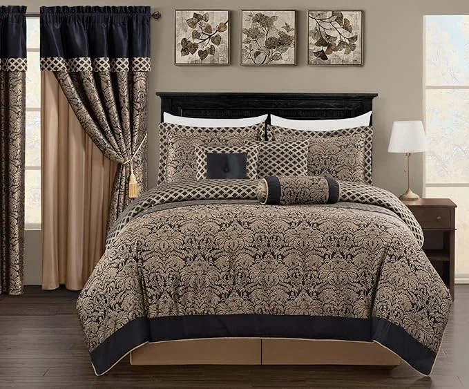 Functional Chezmoi Collection 7-Piece Black Gold Diamond Floral Medallion Jacquard Woven Comforter Set Oversized King World-Class