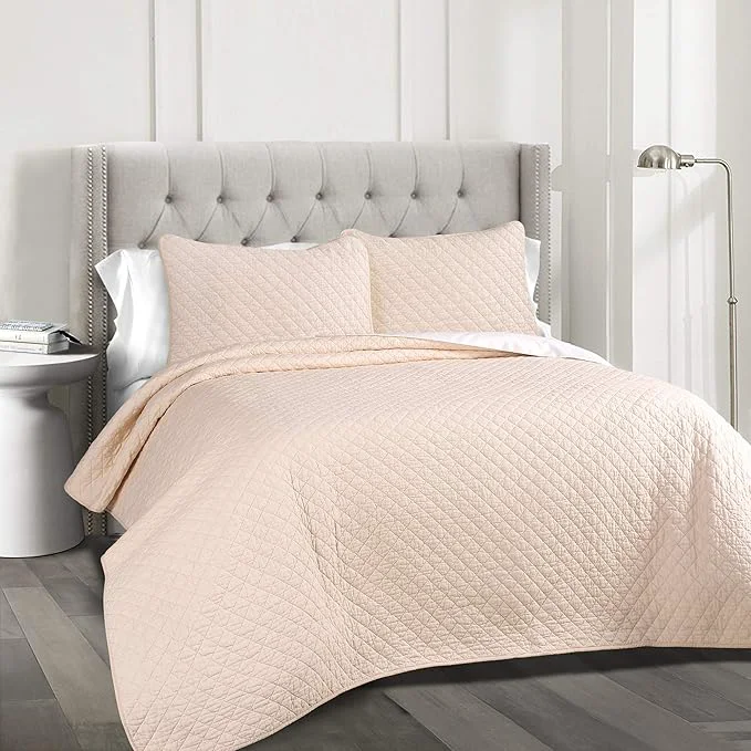 Exceptional Lush Decor Ava Quilt Diamond Pattern Solid 3 Piece Oversized Bedding Blanket Bedspread Set - King - Blush Casual