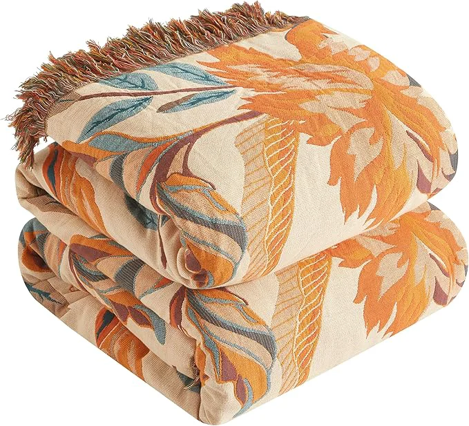 Authentic Boho Throw Blanket for Bed 90 x98 Cotton Woven Blanket for Couch Sofa Ultra Soft 4-Layer Muslin Quilt with Floral Printed Farmhouse Bed Blanket Cover for Living Room Decor Verified