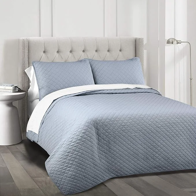 Contemporary Lush Decor Ava Quilt Diamond Pattern Solid 3 Piece Oversized Bedding Blanket Bedspread Set - King - Blue Convenient