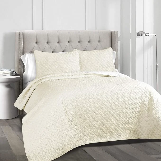 Natural Lush Decor Ava Quilt Diamond Pattern Solid 3 Piece Oversized Bedding Blanket Bedspread Set - Full Queen - Ivory Exceptional