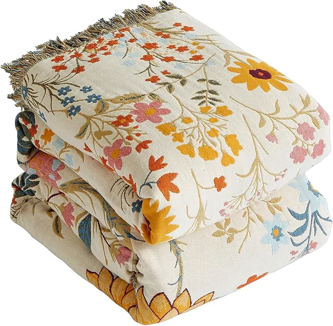 Relaxed Boho Throw Blanket for Bed 80 x90 Cotton Woven Blanket for Couch Sofa Ultra Soft 4-Layer Muslin Quilt with Floral Printed Farmhouse Bed Blanket Cover for Living Room Decor Elite