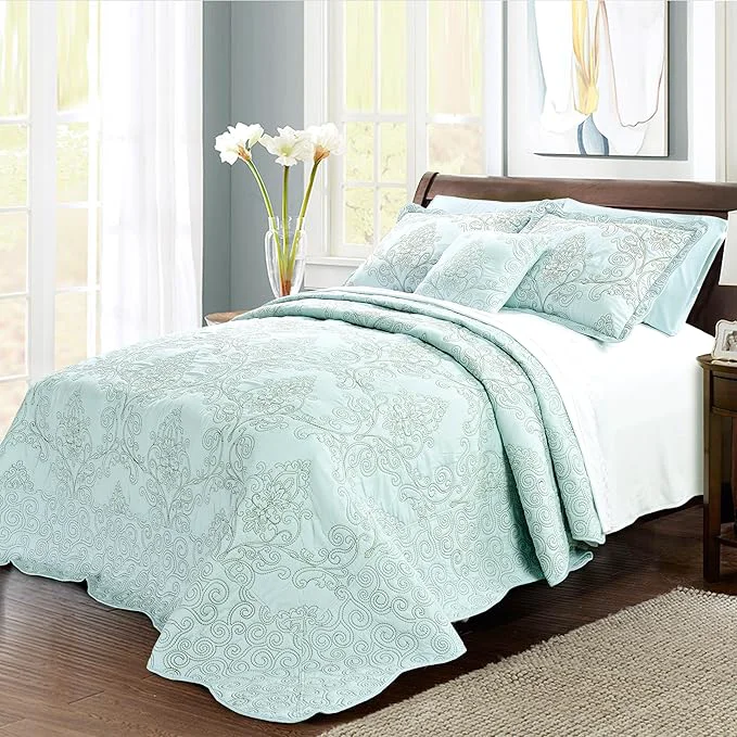 Exceptional Home Soft Things Damask 4 Piece Bedspread Set Scalloped Edge Reversible Quilt Coverlet Comforter Prewashed Bedding Set Matelasse Embossed Floral Solid Pattern Blue Oversize King 120 quot x 120 quot Unique