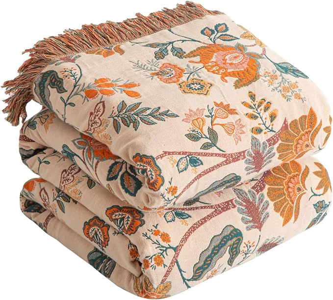 Breathable Boho Throw Blanket for Bed 80 x90 Cotton Woven Blanket for Couch Sofa Ultra Soft 4-Layer Muslin Quilt with Floral Printed Farmhouse Bed Blanket Cover for Living Room Decor Comfortable