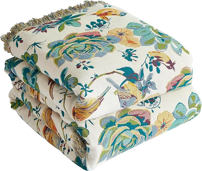 Convenient Boho Throw Blanket for Bed 60 x80 Cotton Woven Blanket for Couch Sofa Ultra Soft 4-Layer Muslin Quilt with Floral Printed Farmhouse Bed Blanket Cover for Living Room Decor Casual