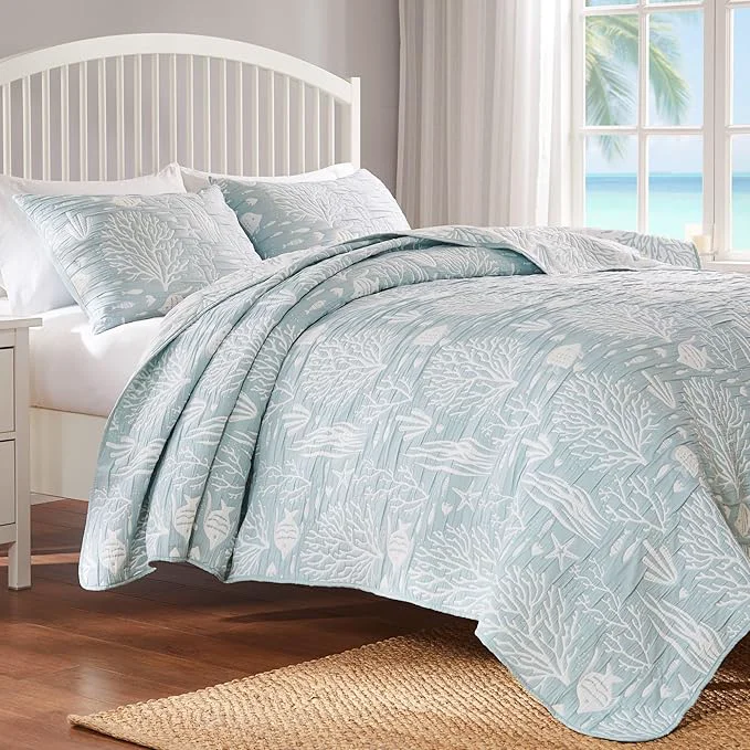 Versatile Greenland Home Coastal Paradise Reversible Matelassé Coverlet Set 3-Piece King Cal King Marina Seafoam Dependable