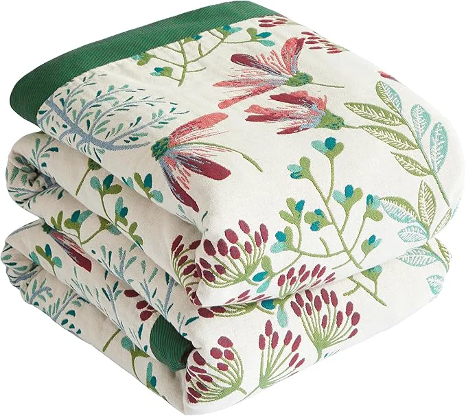 Official Boho Throw Blanket for Bed 90 x98 Cotton Woven Blanket for Couch Sofa Ultra Soft 4-Layer Muslin Quilt with Floral Printed Farmhouse Bed Blanket Cover for Living Room Decor World-Class