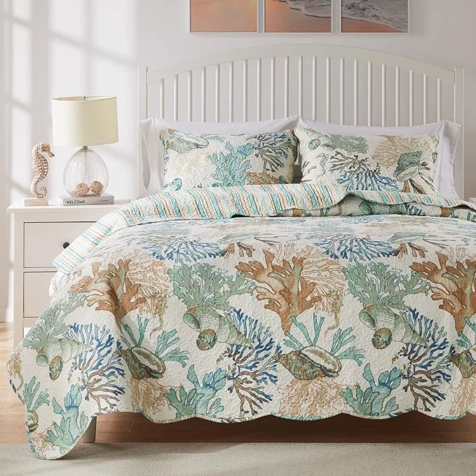 Versatile Greenland Home Atlantis Coastal Sea Coral Oversized Reversible Quilt Set 3-Piece Full Queen Jade Selected