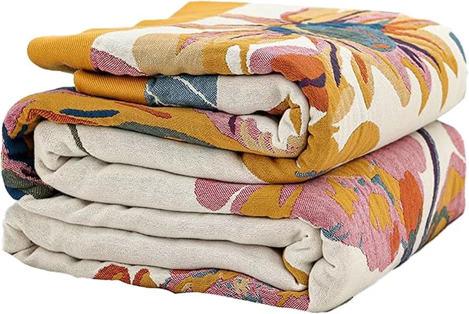 Unique Boho Throw Blanket for Bed 50 x60 Cotton Woven Blanket for Couch Sofa Ultra Soft 4-Layer Muslin Quilt with Floral Printed Farmhouse Bed Blanket Cover for Living Room Decor Genuine