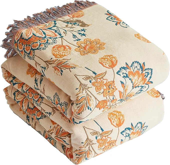 Breathable Boho Throw Blanket for Bed 90 x98 Cotton Woven Blanket for Couch Sofa Ultra Soft 4-Layer Muslin Quilt with Floral Printed Farmhouse Bed Blanket Cover for Living Room Decor Certified