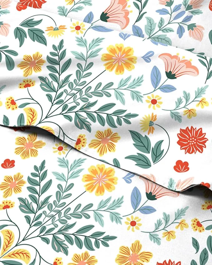 Natural Floral Sheets - Flower Print Bed Sheet Set - 1 Flat 1 Fitted amp 1 Pillowcase w Deep Pockets - Comfy Cozy Wrinkle amp Fade - Boho Botanical Bedding - Soft Breathable amp Cooling - Twin XL Size Set Pure