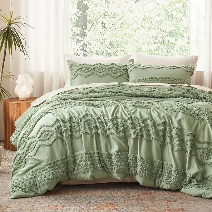 Original Design Luxudecor Sage Green Tufted Comforter Set Queen Size 3 Pieces Boho Shabby Chic Comforter Farmhouse Embroidery Bedding Set Soft Comforter for All Seasons Sage Green 90 39 39 x90 39 39 Natural