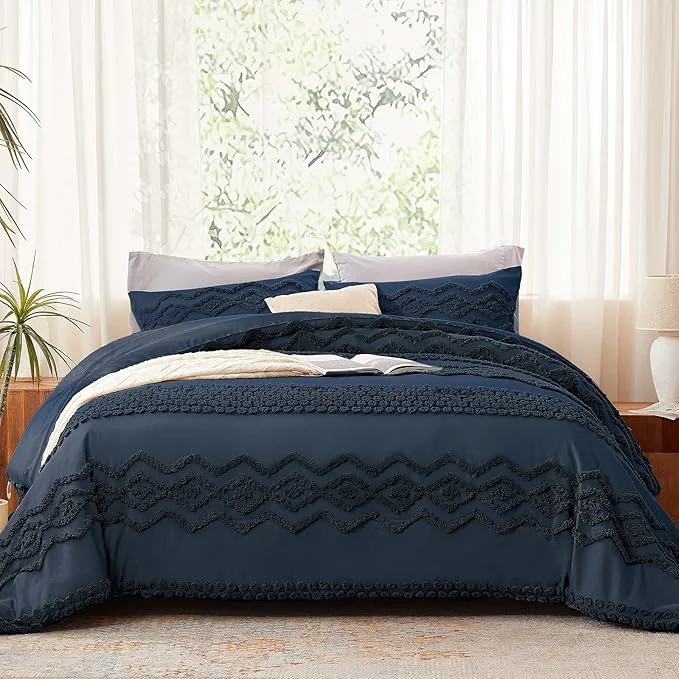Genuine Luxudecor Navy Blue Boho Tufted Comforter Set Queen Size 3 Pieces Boho Shabby Chic Comforter Farmhouse Embroidery Bedding Set Soft Comforter for All Seasons Navy Blue 90 39 39 x90 39 39 High-Quality