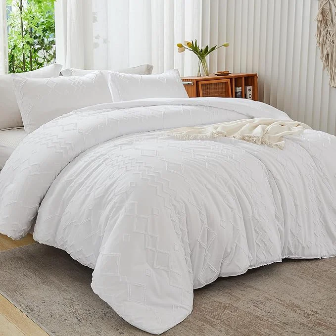 Expertly Made Andency White Tufted Comforter Set California King 104x96Inch 3 Pieces 1 Boho Comforter 2 Pillowcases Textured Farmhouse Soft Microfiber Down Geometric Bedding Set Safe